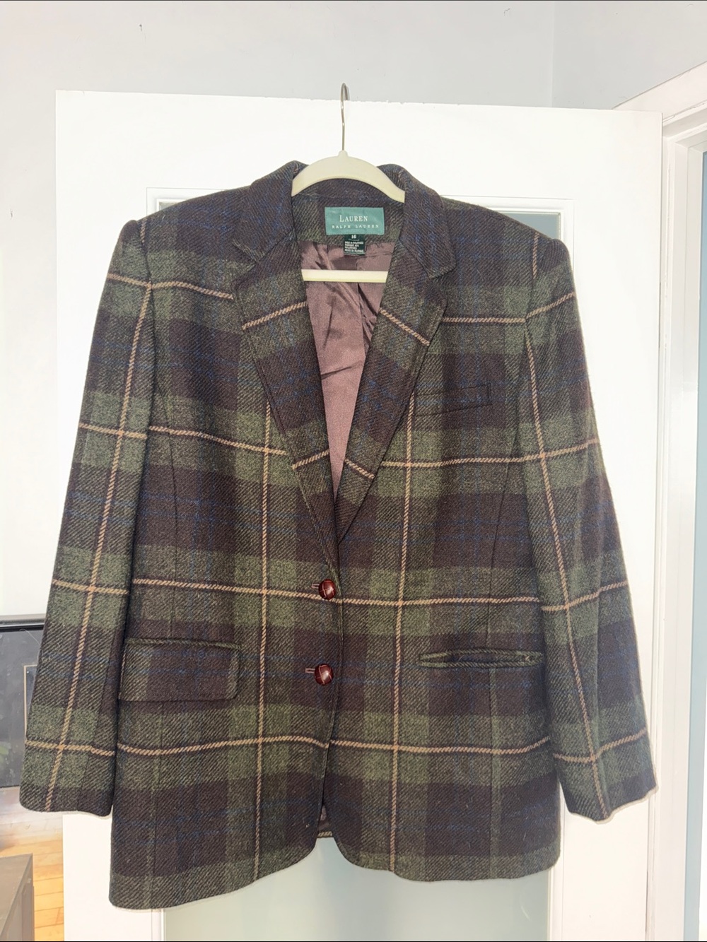 Lauren Ralph Lauren Olive and Navy Plaid Wool-Blend Blazer